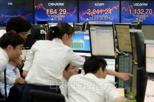 코스피지수가 2241.24까지 오르면서 6년 만에 역대 최고치를 경신한 4일 오후 서울 명동 KEB하나은행 본점 딜링룸에서 직원들이 모여 모니터를 바라보고 있다.  김민수기자 ultrartist@